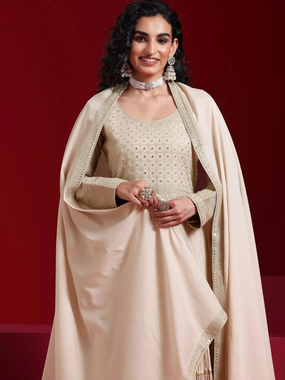  Libas Art Grey Embroidered Cotton Blend A-Line Kurta With Trousers & Dupatta 