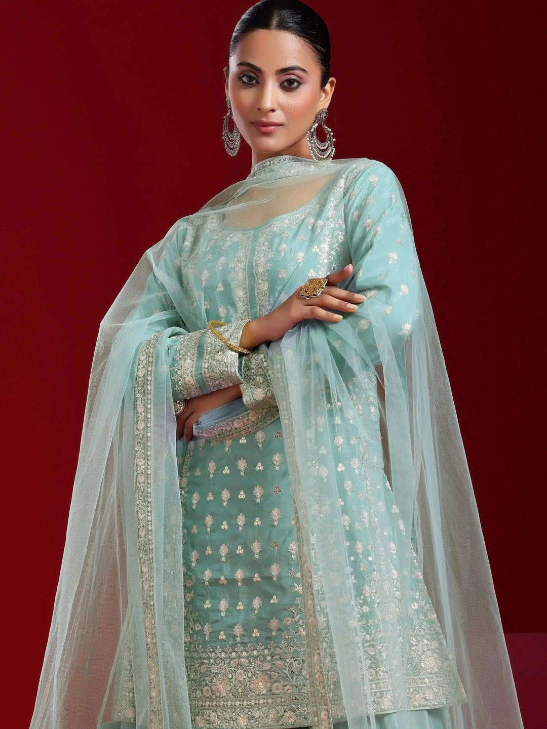  Libas Art Green Embroidered Silk Blend A-Line Kurta With Sharara & Dupatta 
