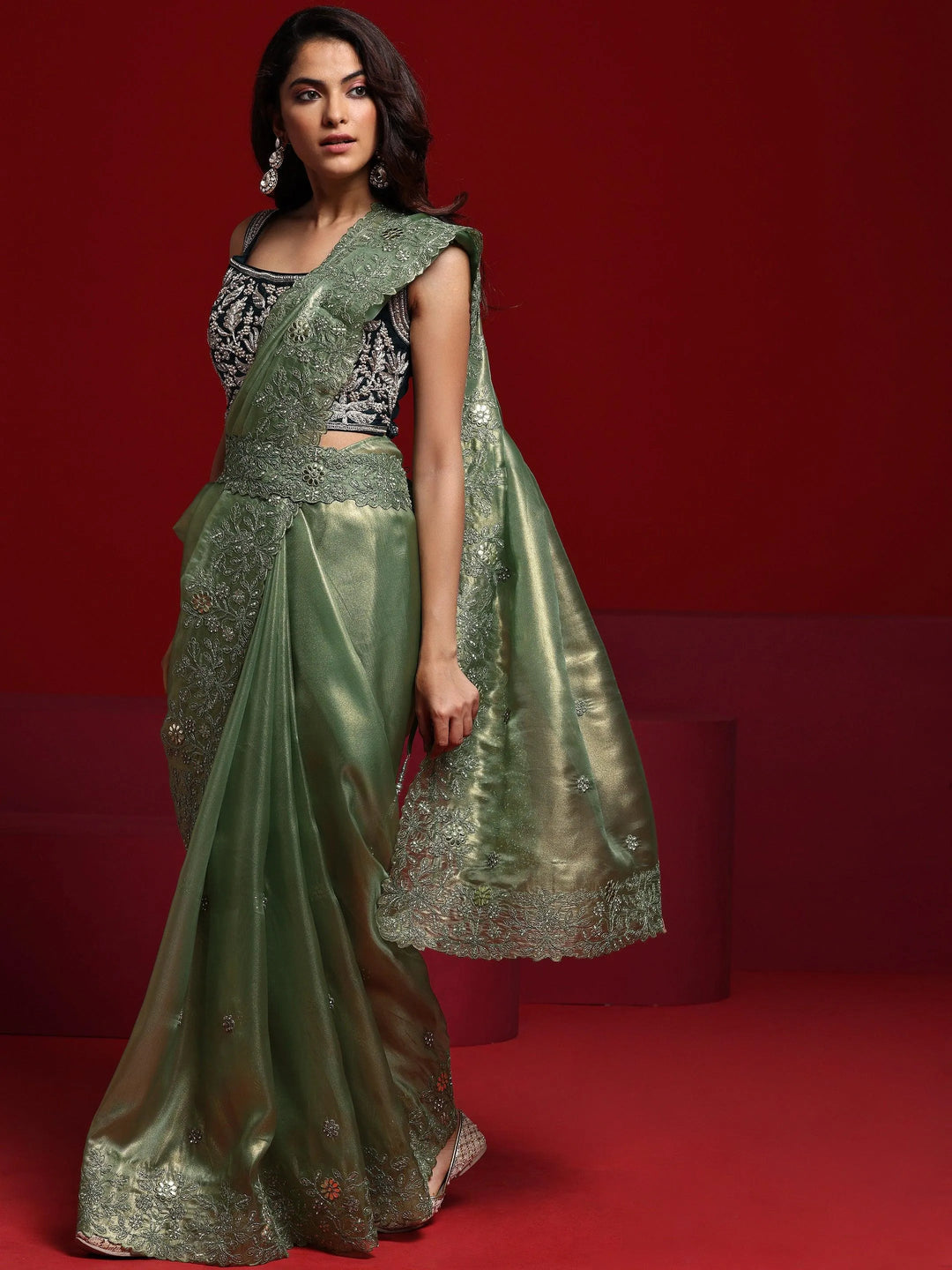 Libas Art Green Embroidered Silk Blend Saree With Unstitched Blouse Piece - Libas 