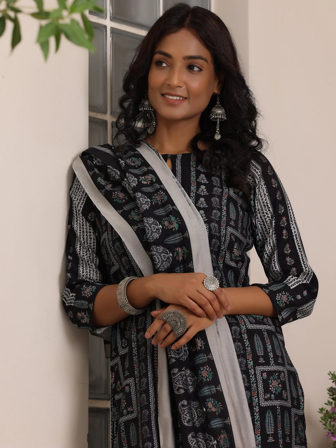  Black Printed Cotton Straight Suit With Dupatta 