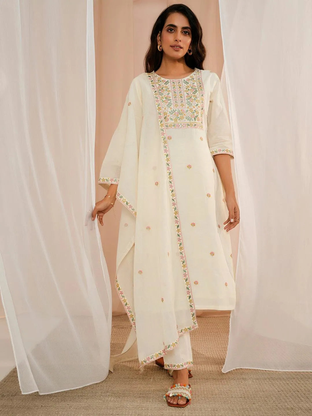 Off White Yoke Design Cotton Straight Suit With Dupatta - Libas