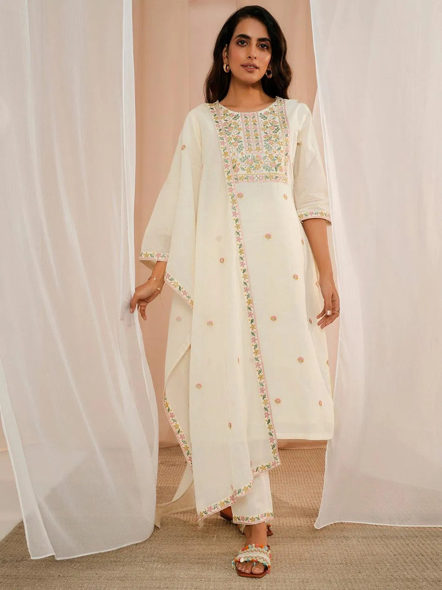 Off White Yoke Design Cotton Suit Set
