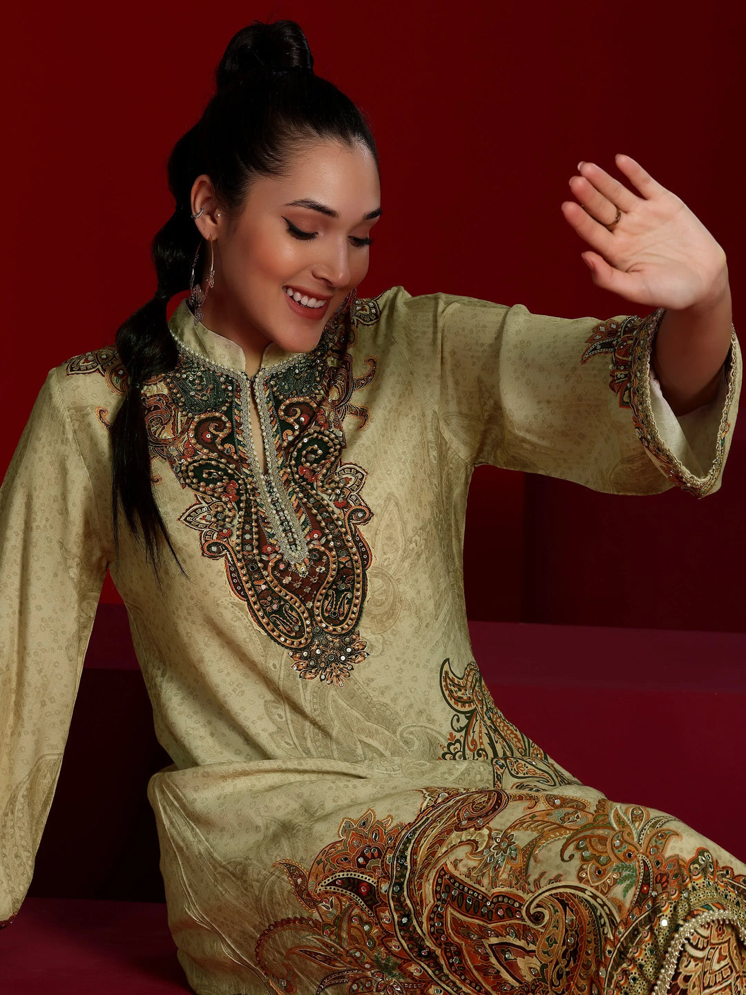  Libas Art Beige Printed Silk Blend Co-Ords 