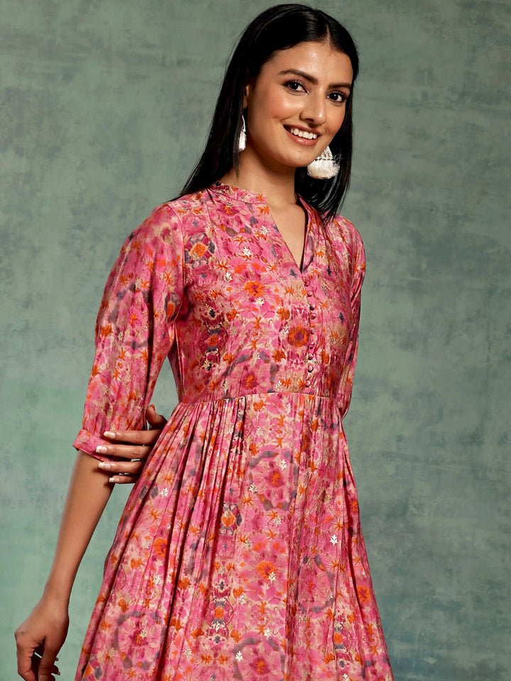 Pink Printed Silk Fit and Flare Dress - Libas