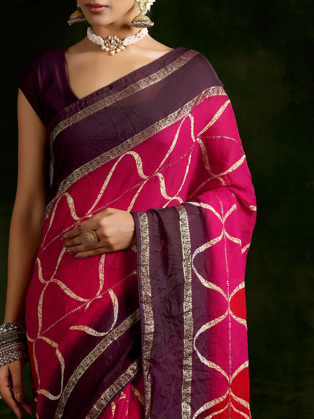  Pink Printed Chiffon Saree With Unstitched Blouse Piece 