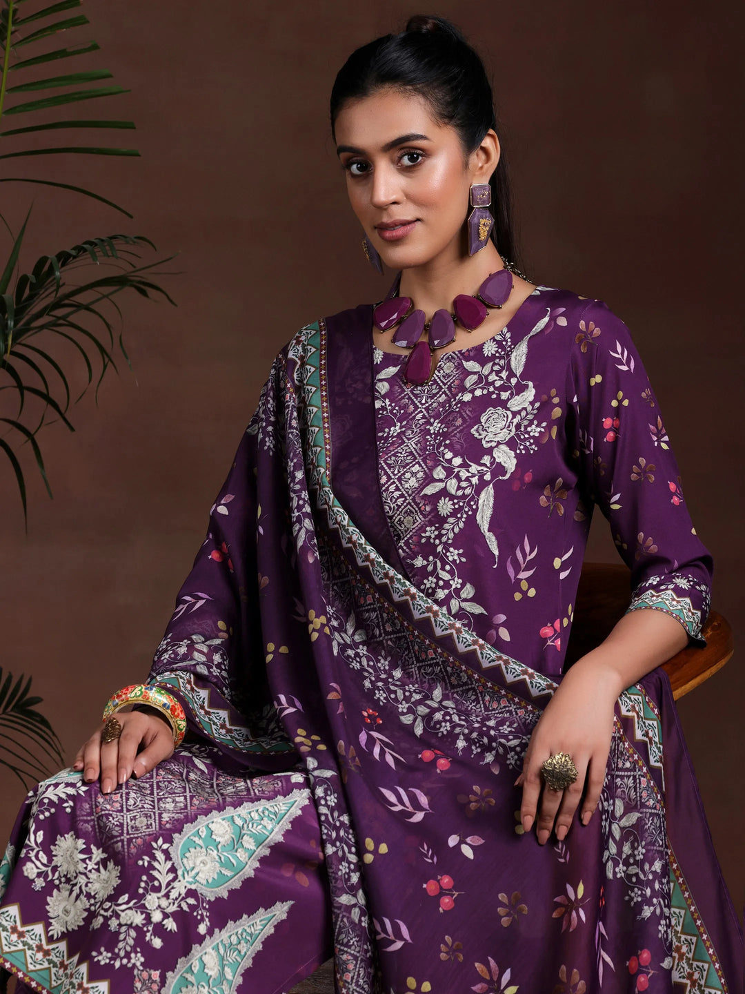  Wine Printed Poly Crepe Straight Suit With Dupatta 