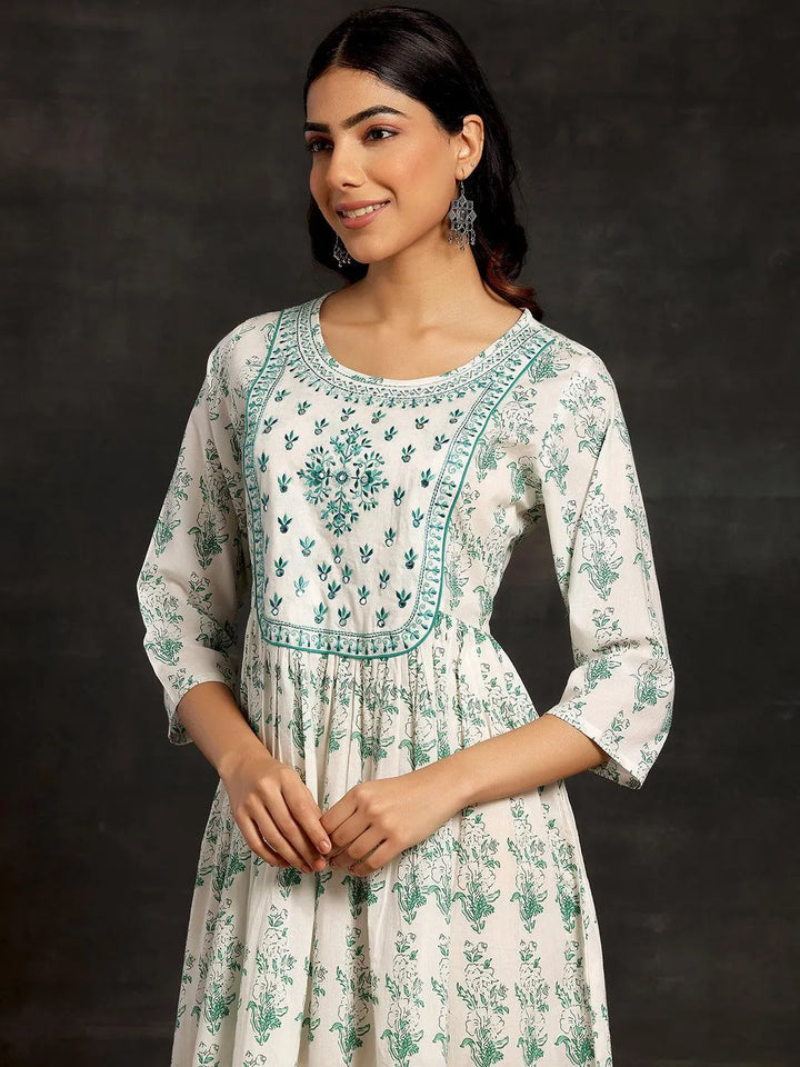 White Printed Cotton A-Line Dress - Libas