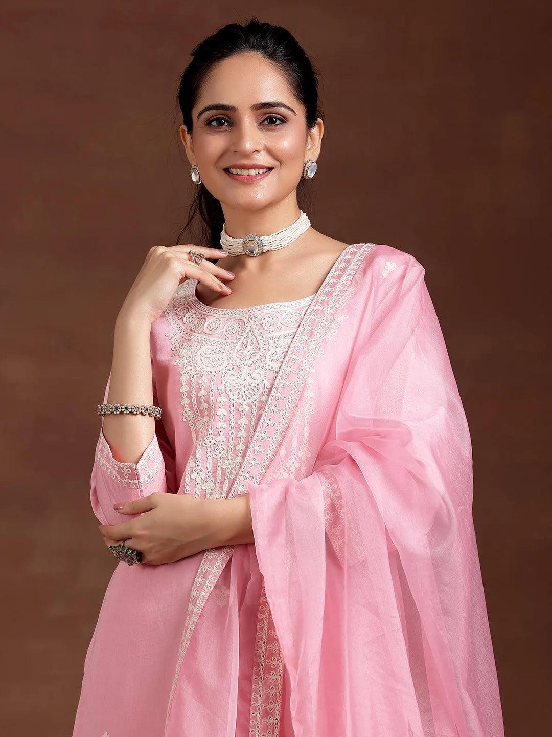 Pink Embroidered Silk Blend Straight Suit With Dupatta - Libas 