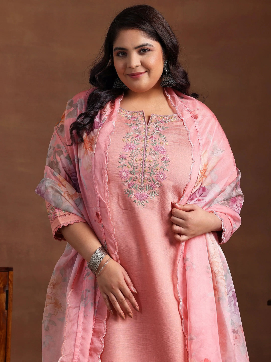 Plus Size Peach Yoke Design Silk Blend Straight Suit With Dupatta - Libas 