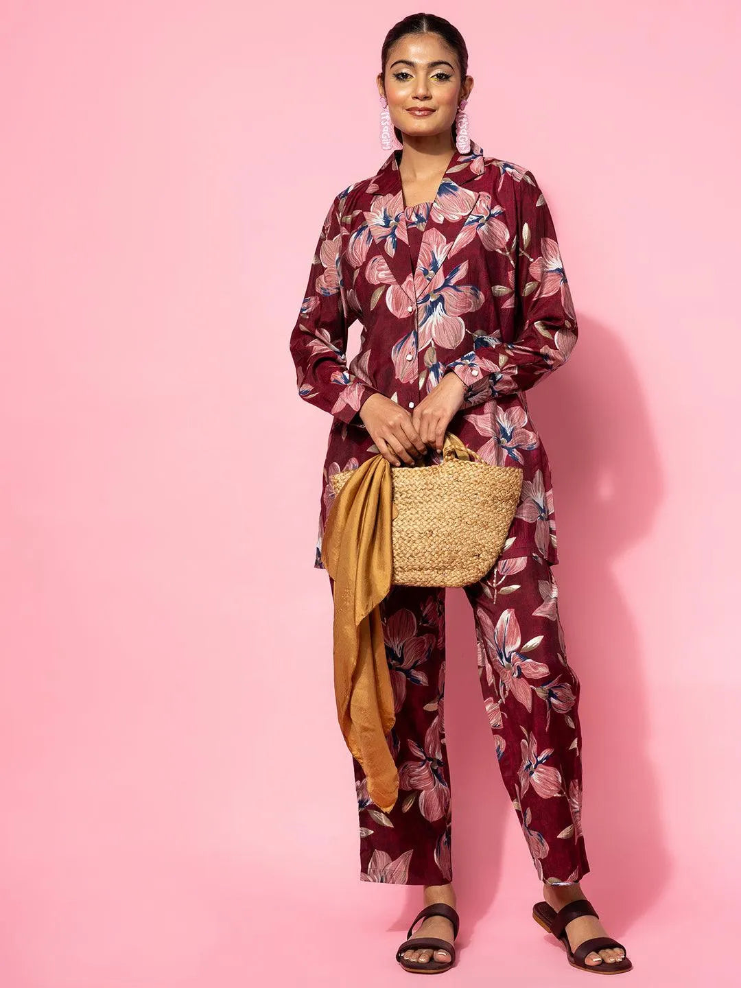 Maroon Printed Silk Blend Co-Ords - Libas 