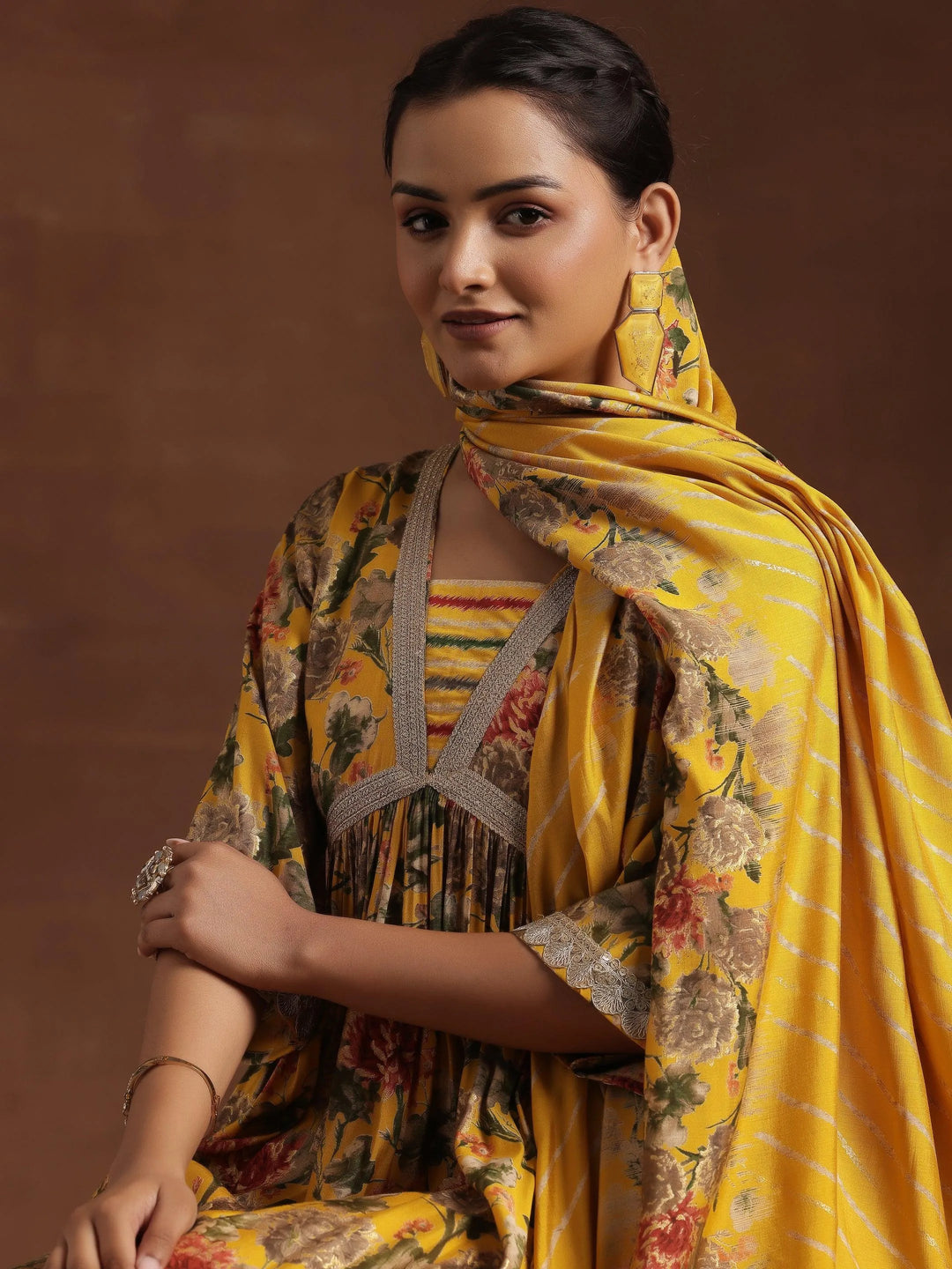  Yellow Printed Silk Blend A-Line Kurta With Trousers & Dupatta 