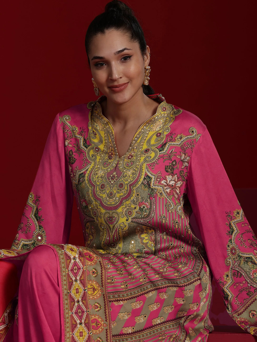  Libas Art Coral Printed Silk Blend Straight Kurta Dhoti Pants 