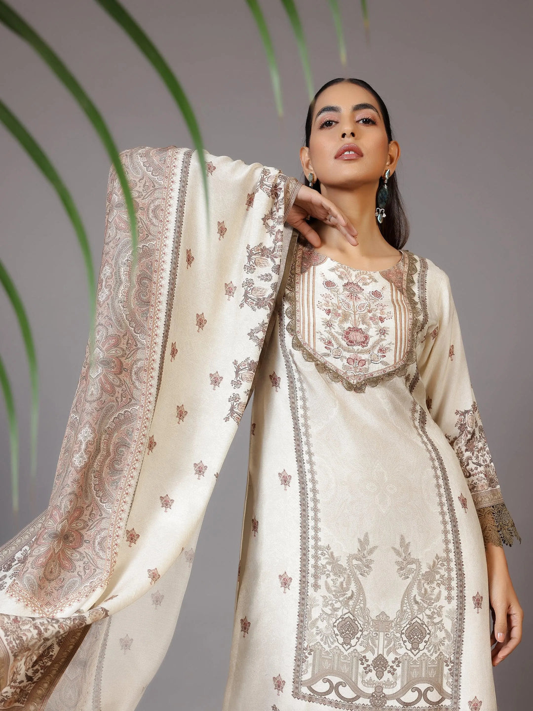 Beige Printed Silk Blend Straight Suit With Dupatta - Libas