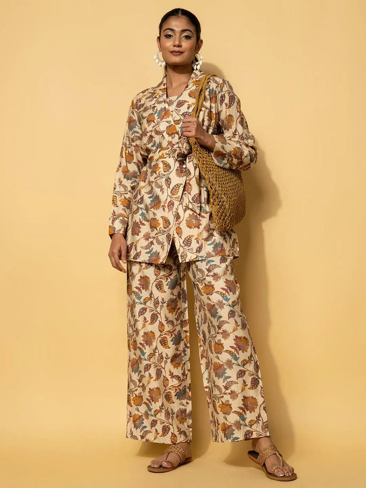 Beige Printed Silk Blend Co-Ords - Libas