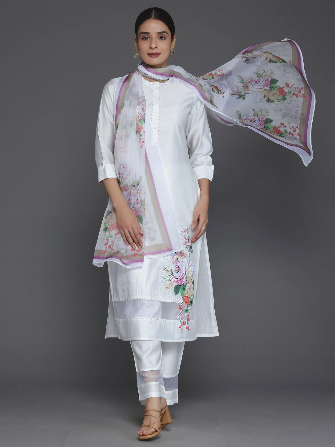 Off White Self Design Silk Blend Straight Suit With Dupatta - Libas 