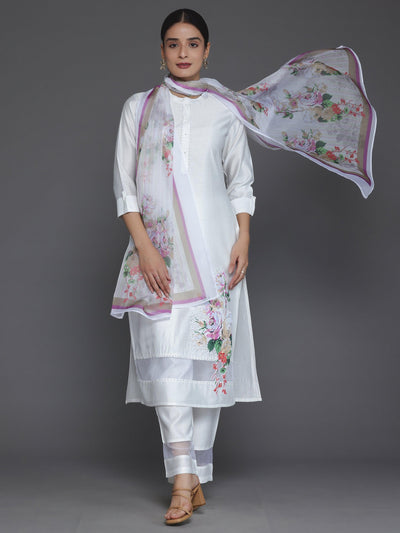 Off White Self Design Silk Blend Straight Suit With Dupatta - Libas