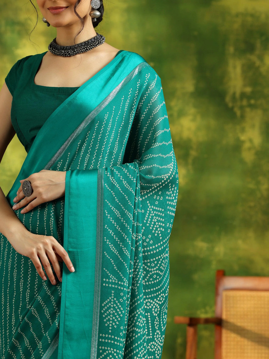 Green Printed Satin Saree With Unstitched Blouse Piece - Libas 