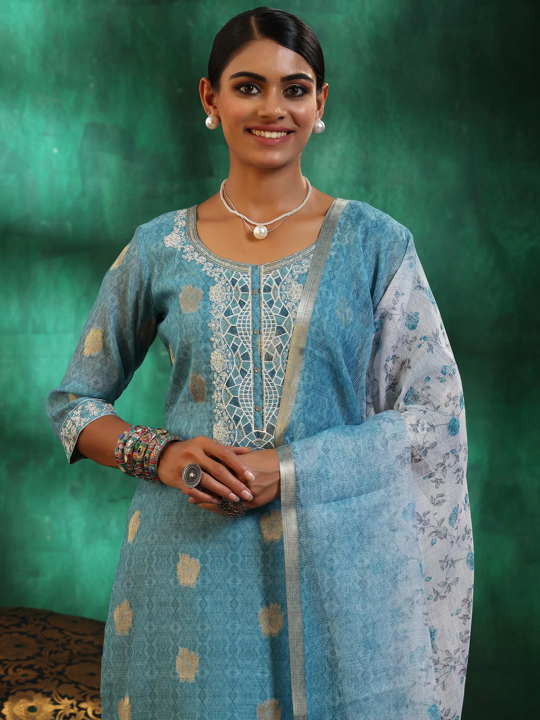  Turquoise Blue Printed Silk Blend Straight Suit With Dupatta 