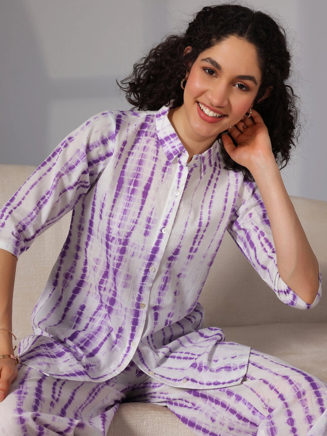 Purple Printed Cotton Night Suits - Libas 