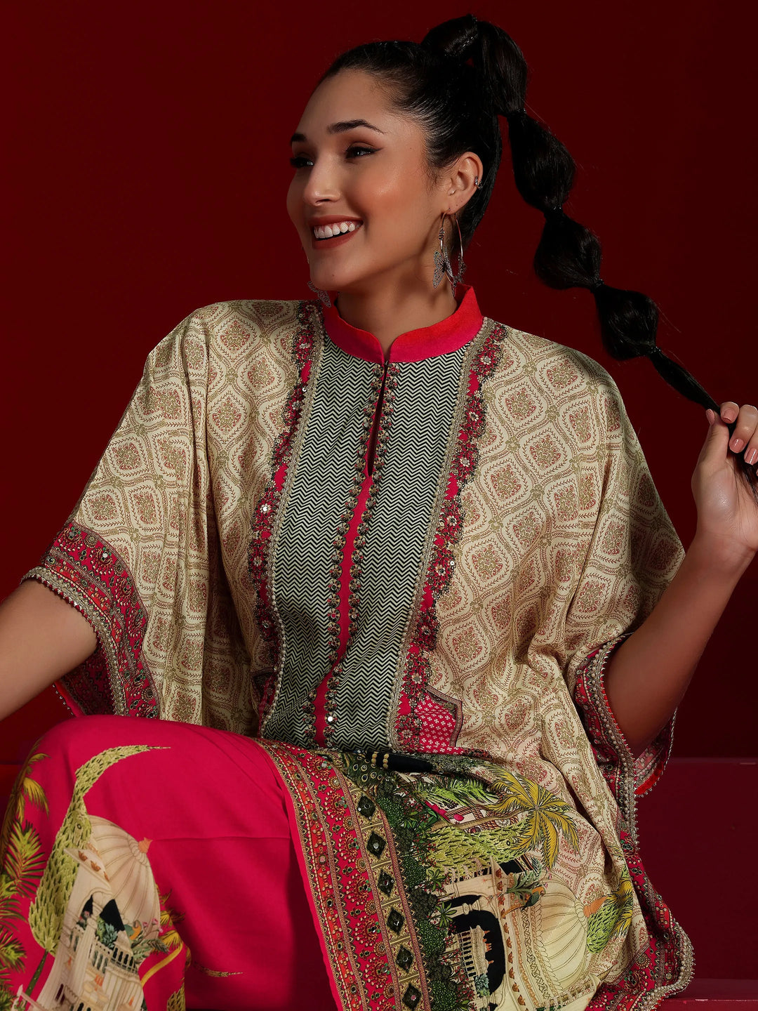  Libas Art Beige Printed Silk Blend Co-Ords 