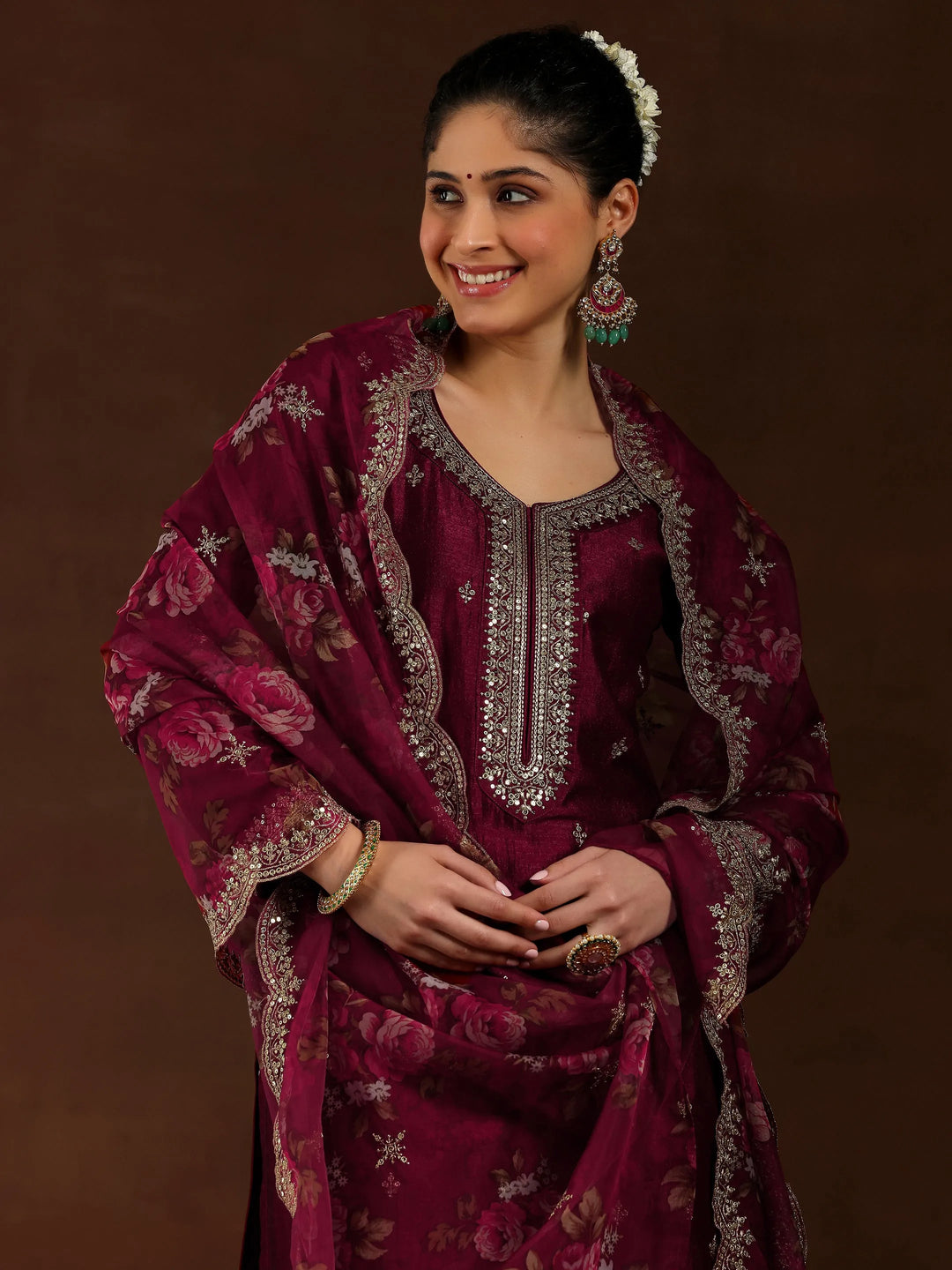  Maroon Embroidered Silk Blend Straight Suit With Dupatta 