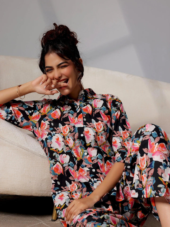 Black Printed Cotton Night Suits - Libas