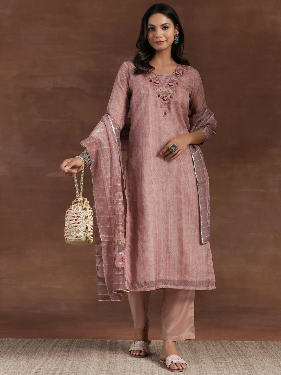 Pink Printed Organza Straight Suit With Dupatta - Libas