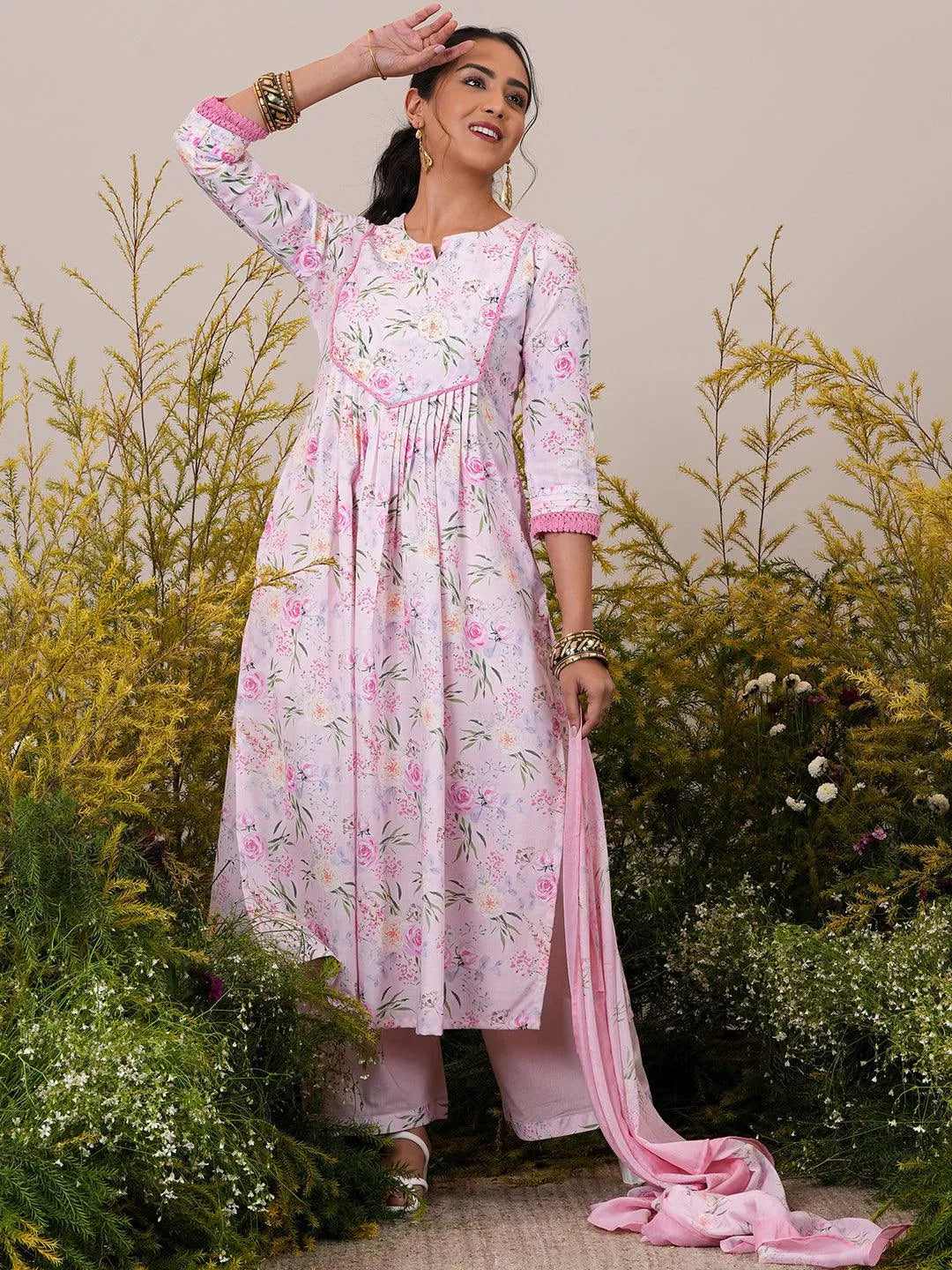 Pink Printed Cotton Blend A-Line Kurta With Palazzos & Dupatta - Libas