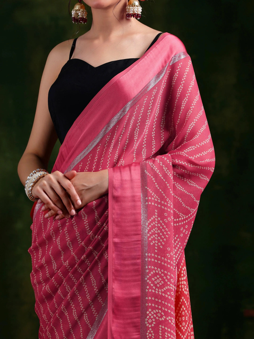 Coral Printed Satin Saree With Unstitched Blouse Piece - Libas 