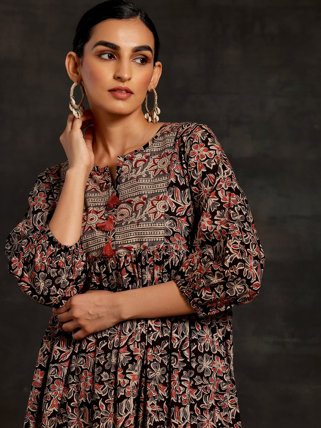  Black Printed Cotton A-Line Dress 