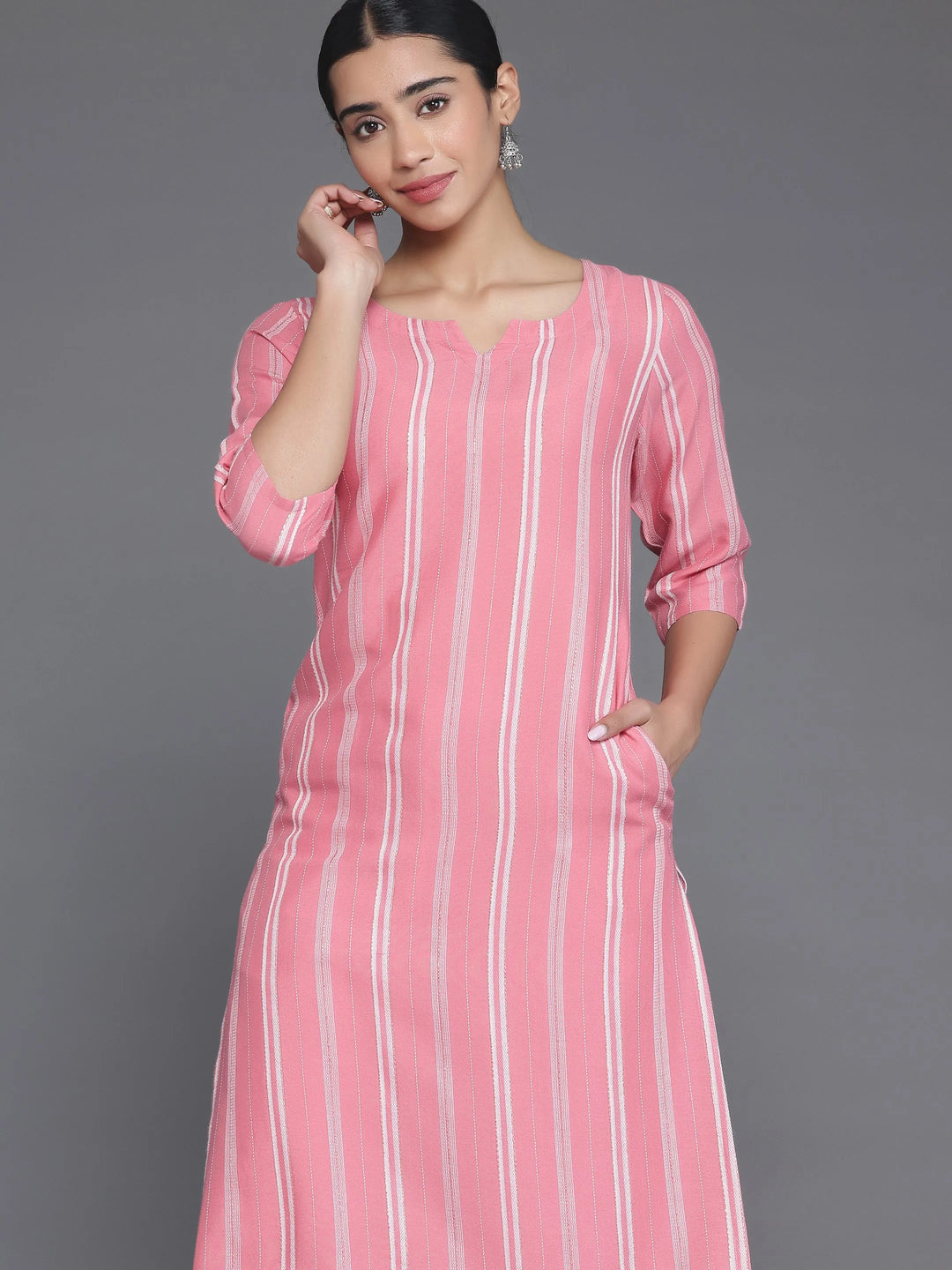  Pink Woven Design Rayon Straight Kurta 