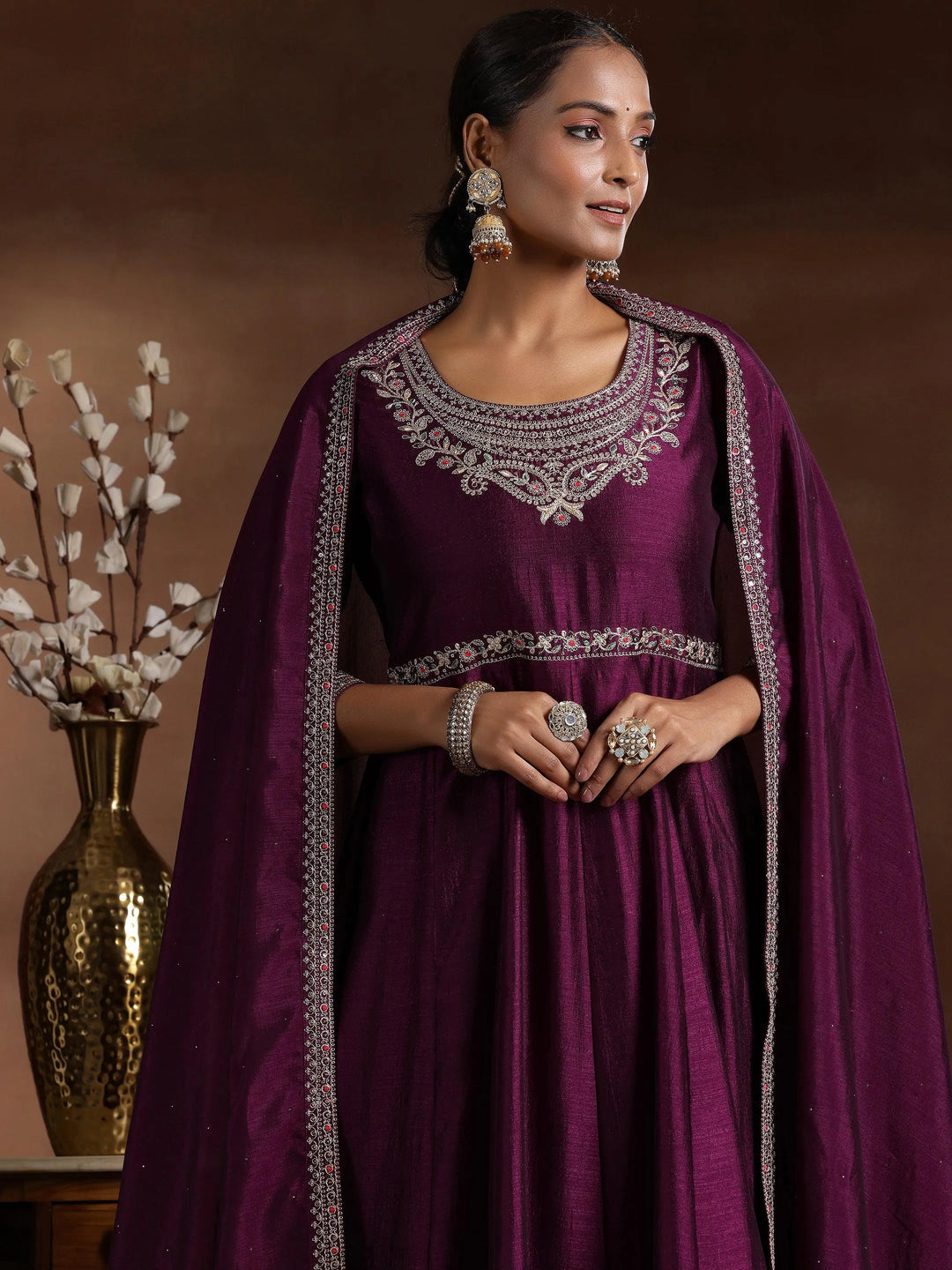  Wine Yoke Design Silk Blend Anarkali Suit With Dupatta 