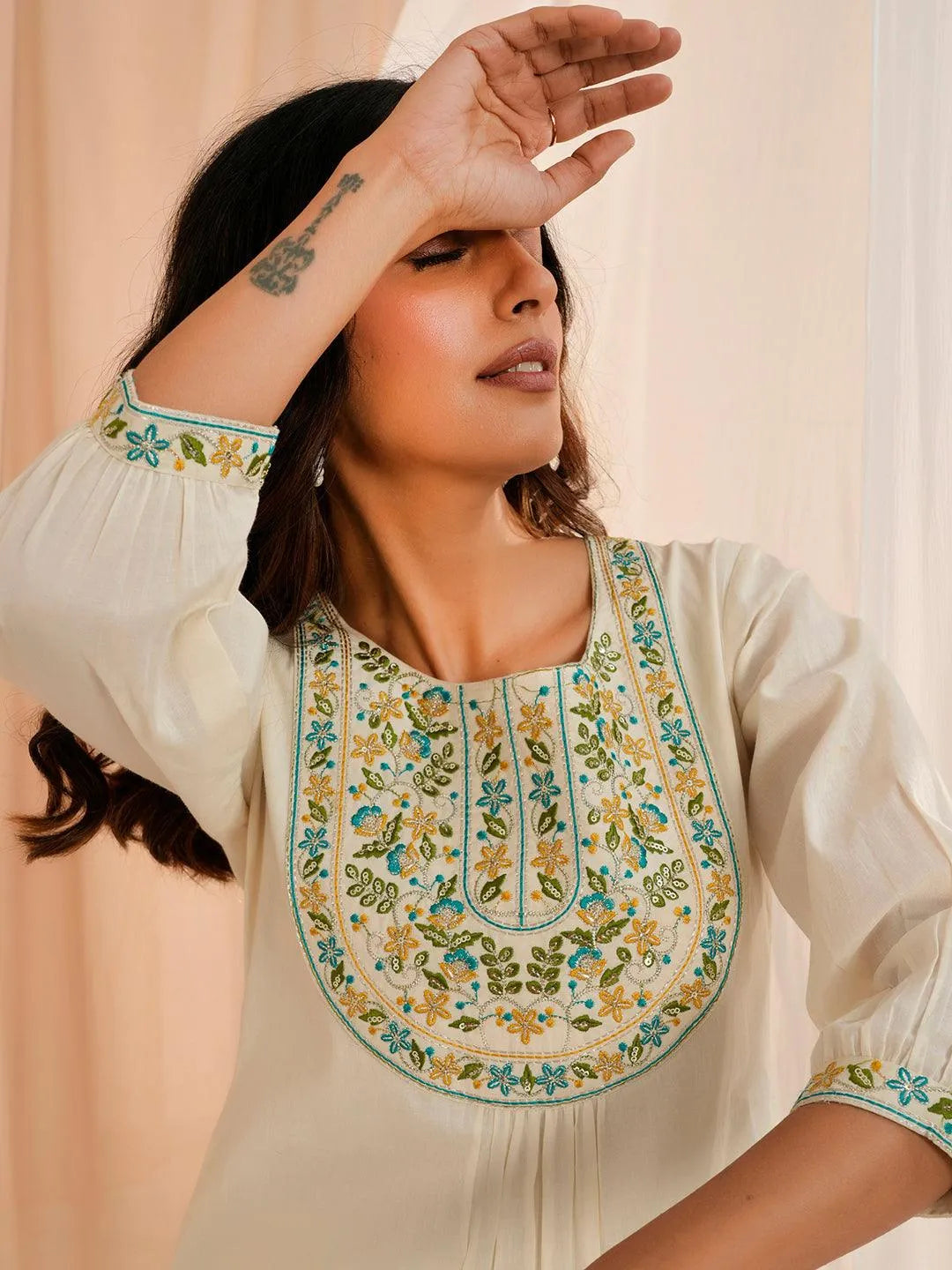 Off White Yoke Design Cotton Straight Kurti - Libas 