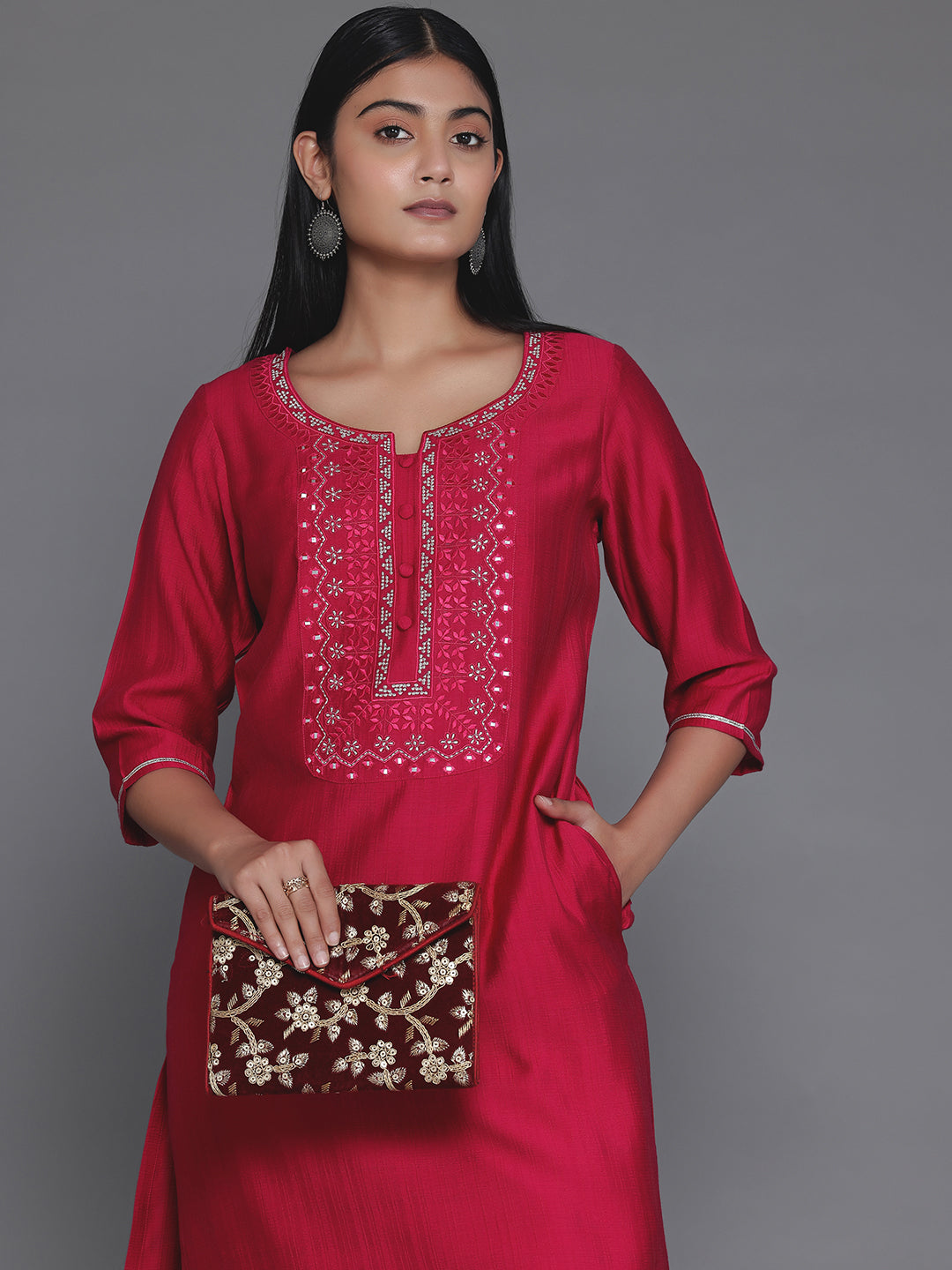  Pink Yoke Design Silk Blend Straight Kurta 
