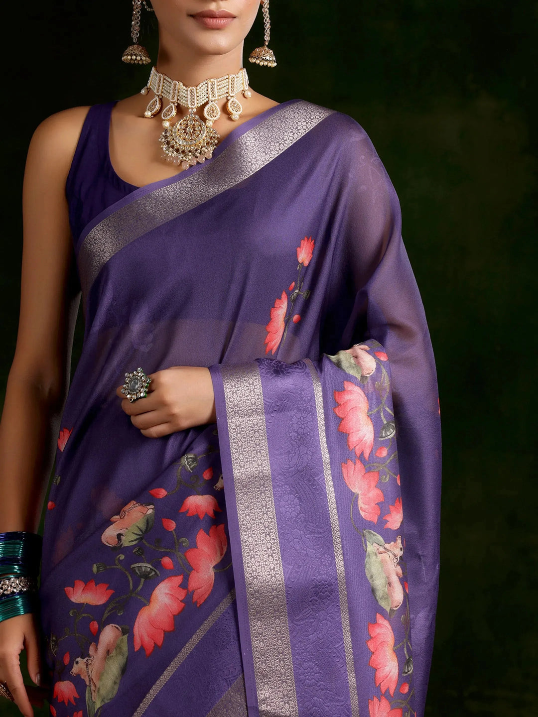  Purple Printed Silk Blend Saree With Unstitched Blouse Piece 