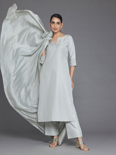 Grey Self Design Silk Blend Straight Suit With Dupatta - Libas