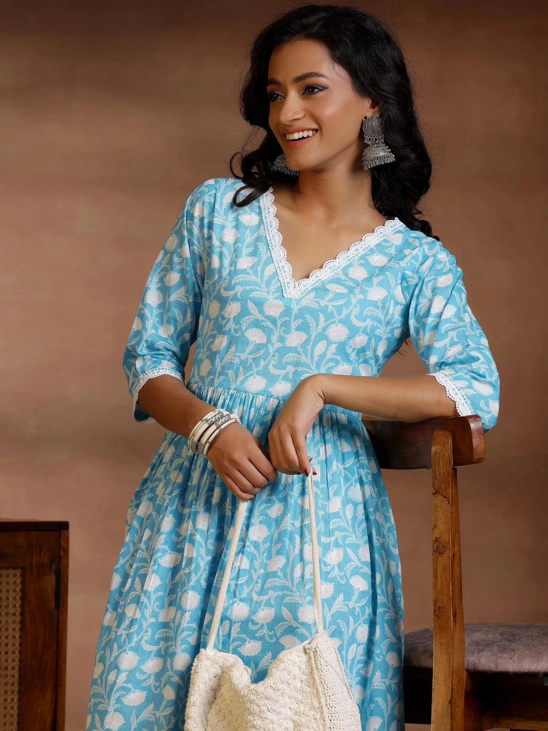  Blue Printed Cotton Fit and Flare Dress 