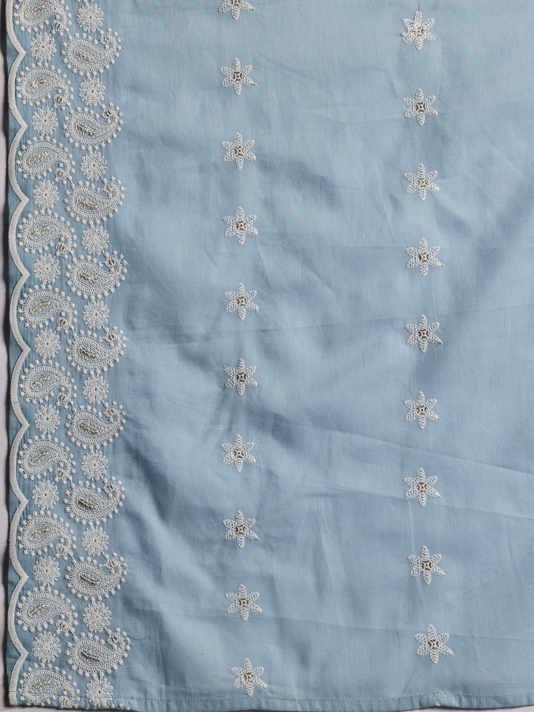 Blue Embroidered Cotton A-Line Kurta With Palazzos & Dupatta