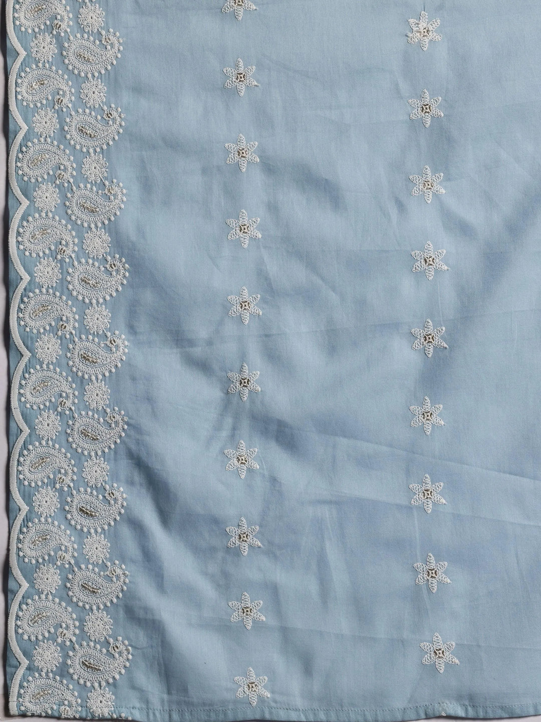 Blue Embroidered Cotton A-Line Kurta With Palazzos & Dupatta - Libas 