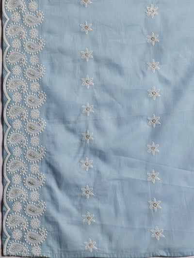 Blue Embroidered Cotton A-Line Kurta With Palazzos & Dupatta - Libas