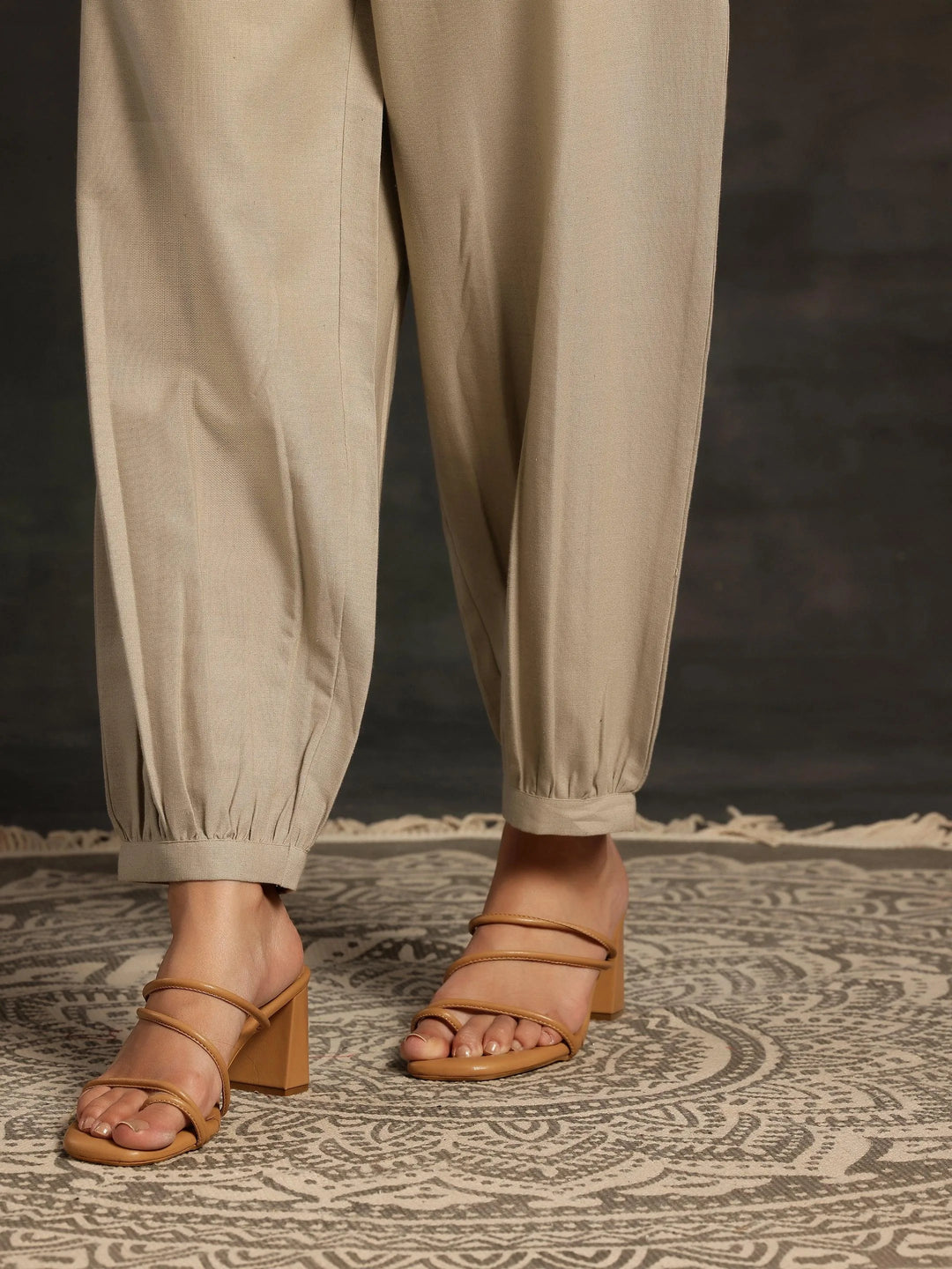 Beige Solid Cotton Salwar - Libas 