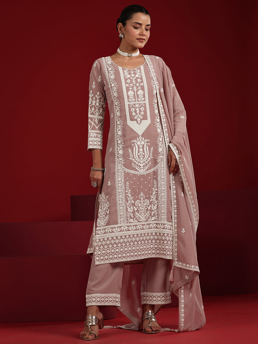  Libas Art Pink Embroidered Georgette Straight Suit Set With Dupatta 