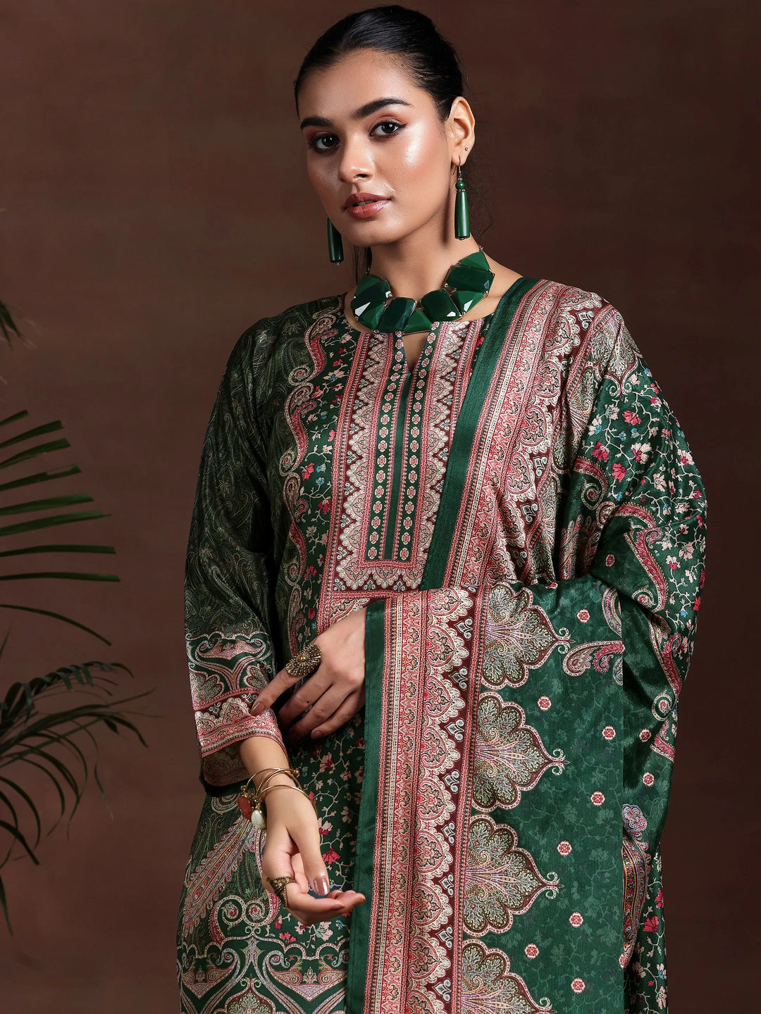  Green Printed Silk Blend Straight Suit With Dupatta 