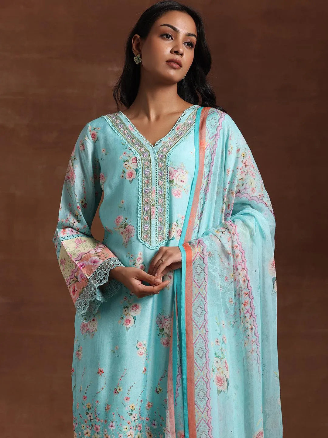Turquoise Printed Silk Blend Straight Suit With Dupatta - Libas 