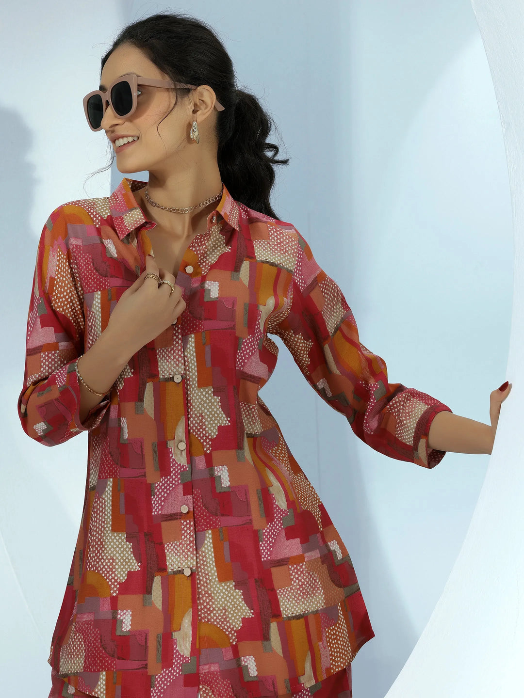  Pink Printed Silk Blend Co-Ords 