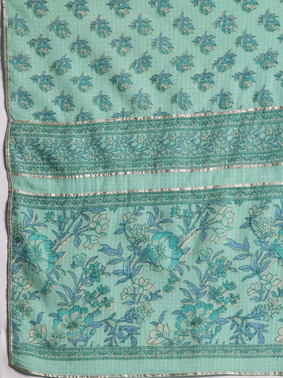 Turquoise Printed Cotton A-Line Kurta With Palazzos & Dupatta - Libas