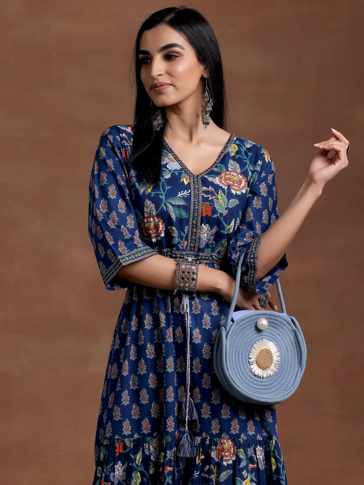 Blue Printed Cotton Fit and Flare Dress - Libas