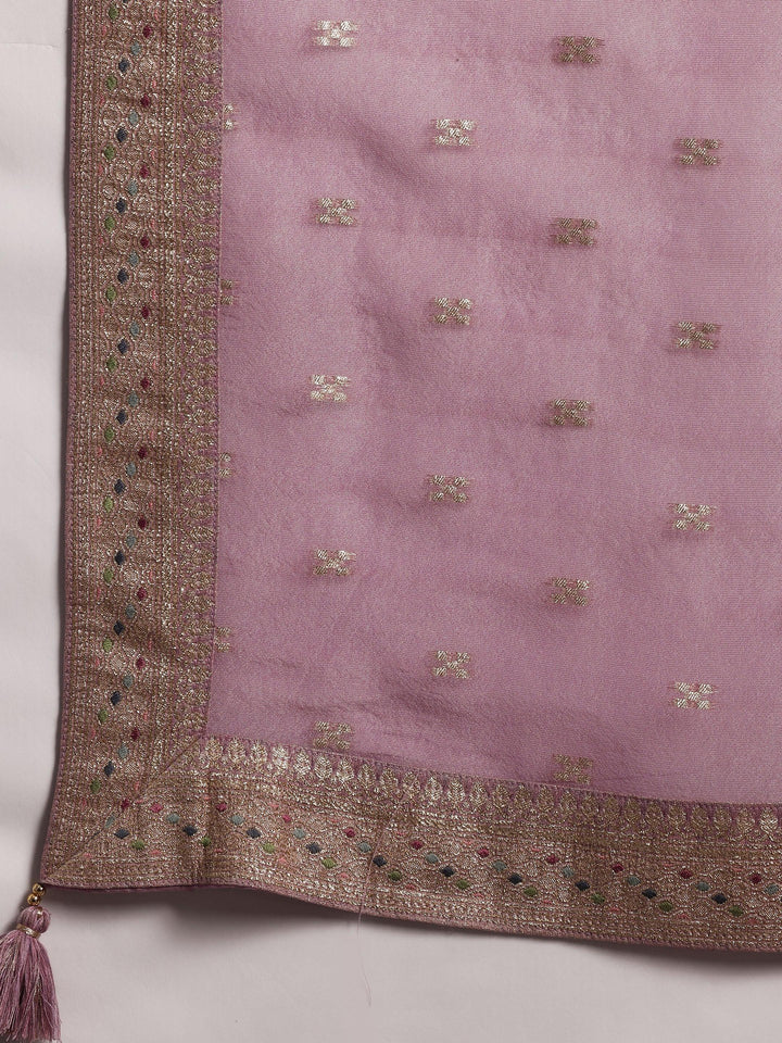 Mauve Woven Design Silk Blend Straight Kurta With Trousers & Dupatta - Libas