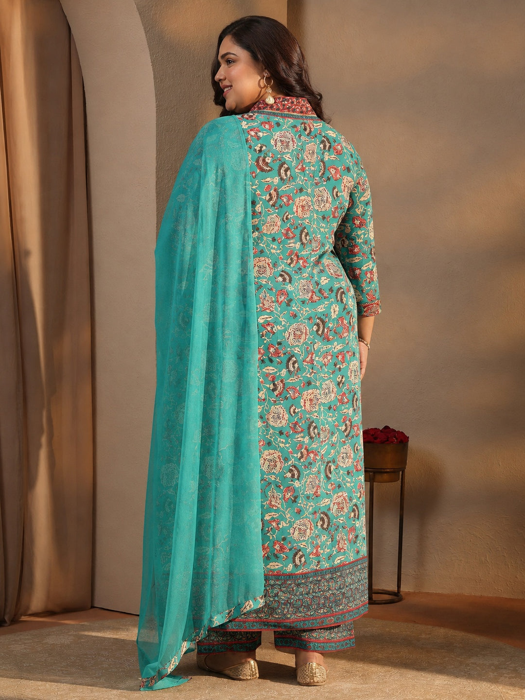  Plus Size Blue Floral Printed Cotton Blend A-line Suit Set 