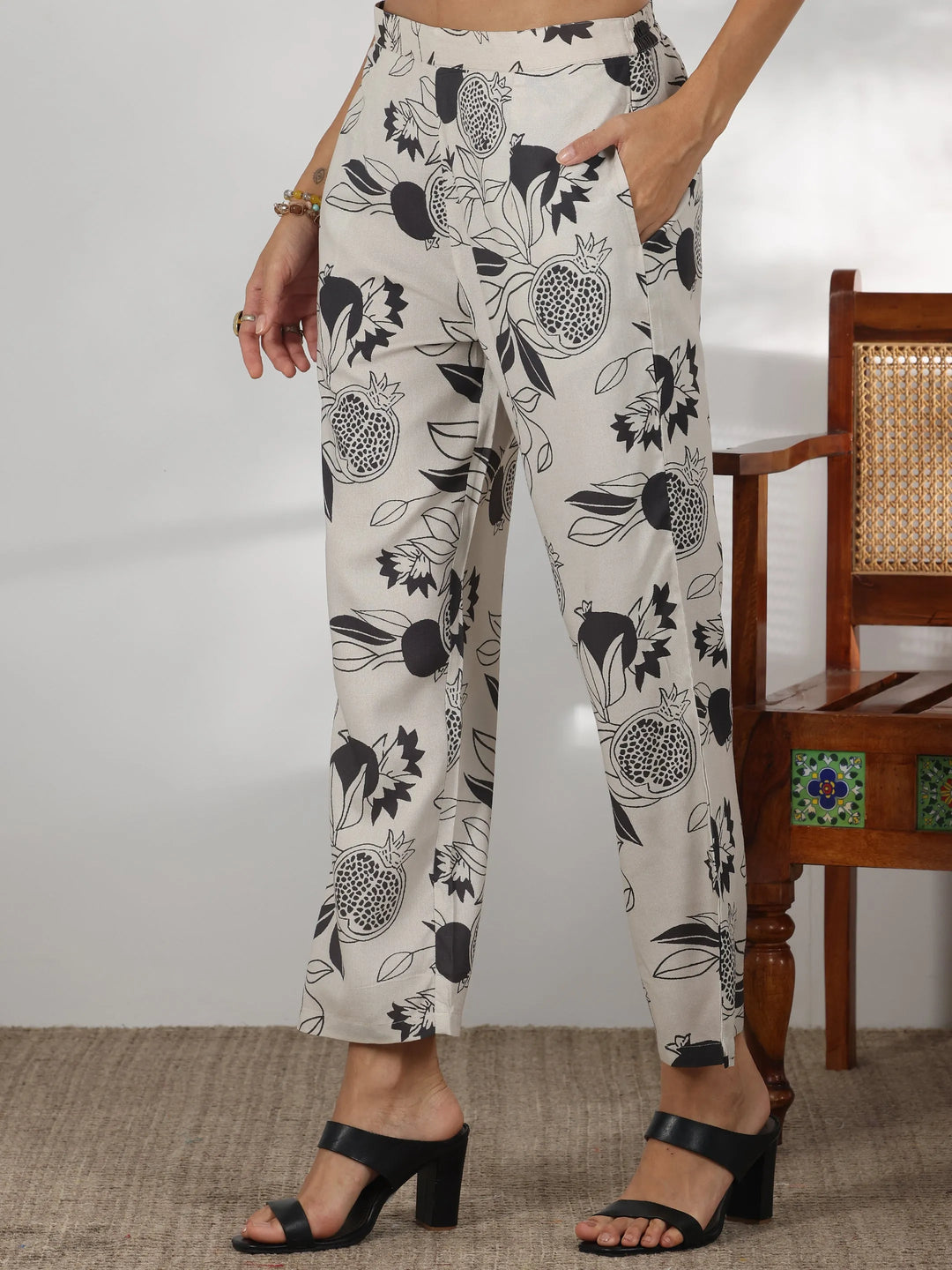  Off White Printed Silk Blend Co-Ords 